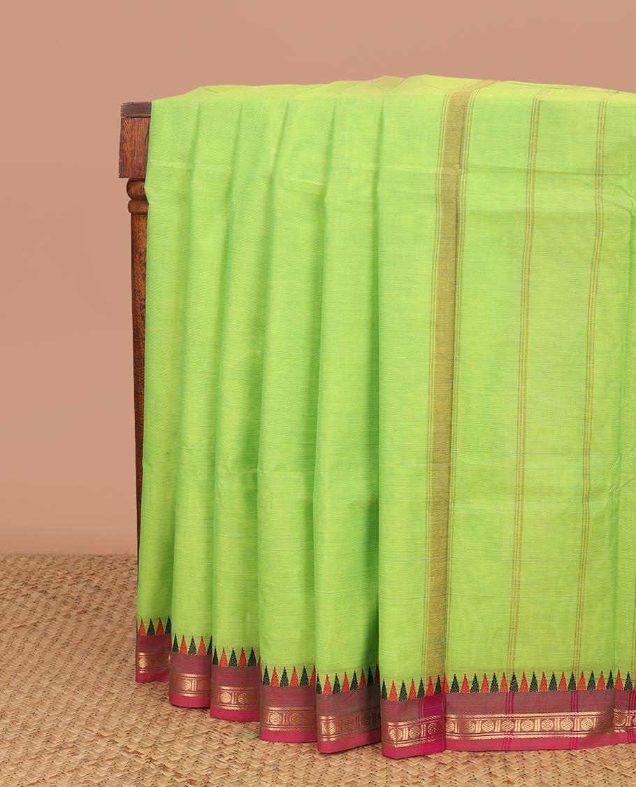 Green chettinad cotton saree with contrast zari design, temple border & striped pallu
