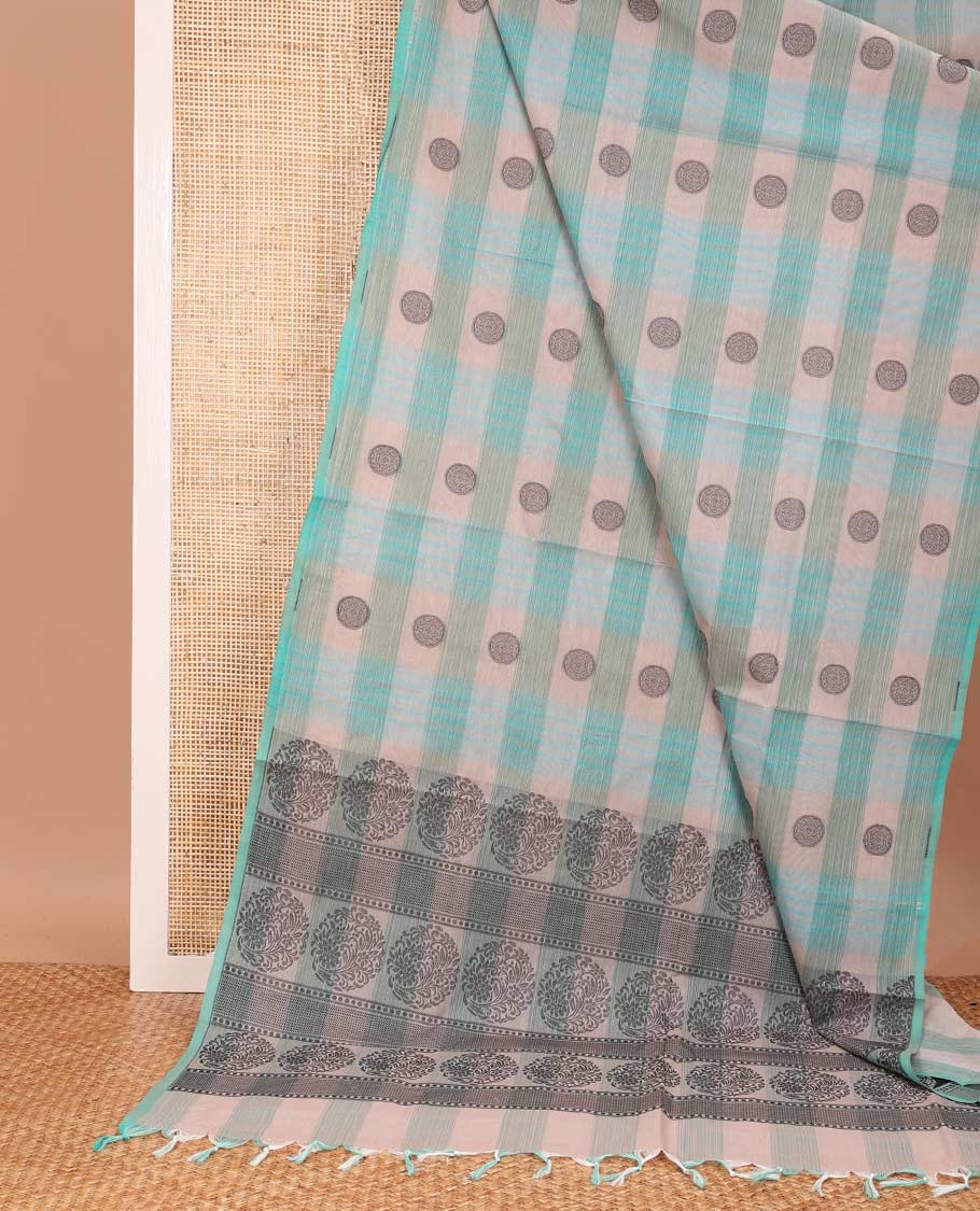 Borderless multi-color checked and chakram buttas Coimbatore cotton saree, pallu steeped with circular motifs