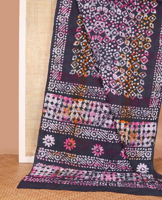 Multi-color geometric batik printed mul mul cotton saree, batik printed border, and pallu of batik print