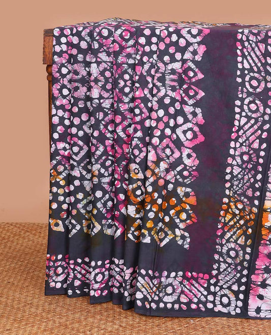 Multi-color geometric batik printed mul mul cotton saree, batik printed border, and pallu of batik print