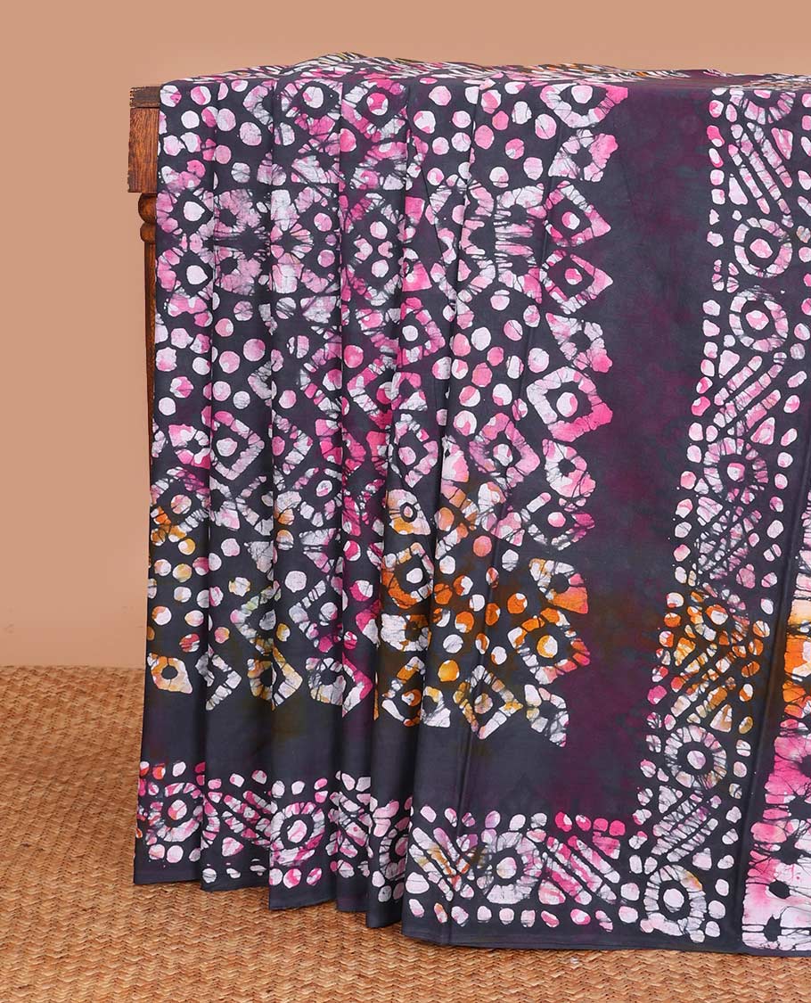 Multi-color geometric batik printed mul mul cotton saree, batik printed border, and pallu of batik print