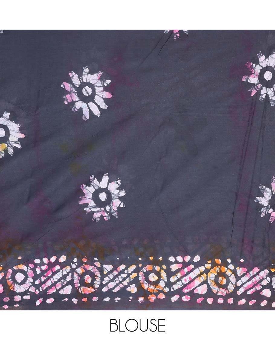 Multi-color geometric batik printed mul mul cotton saree, batik printed border, and pallu of batik print