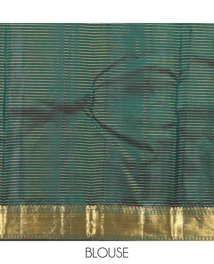 Green zari checked Kanchipuram silk saree, zari border of thilakam mokku, muthu, and manga designs, and jaal pallu