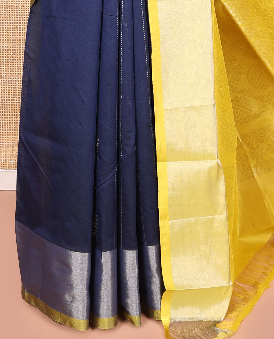 Blue Kuppadam Cotton Saree, Bedecked with Dotted Stripes and Peacock Buttas All Over Its Body, Complemented by a Bavanji Border, Pallu Elevated with Intricate Designs, and Paired with a Contrast Blouse