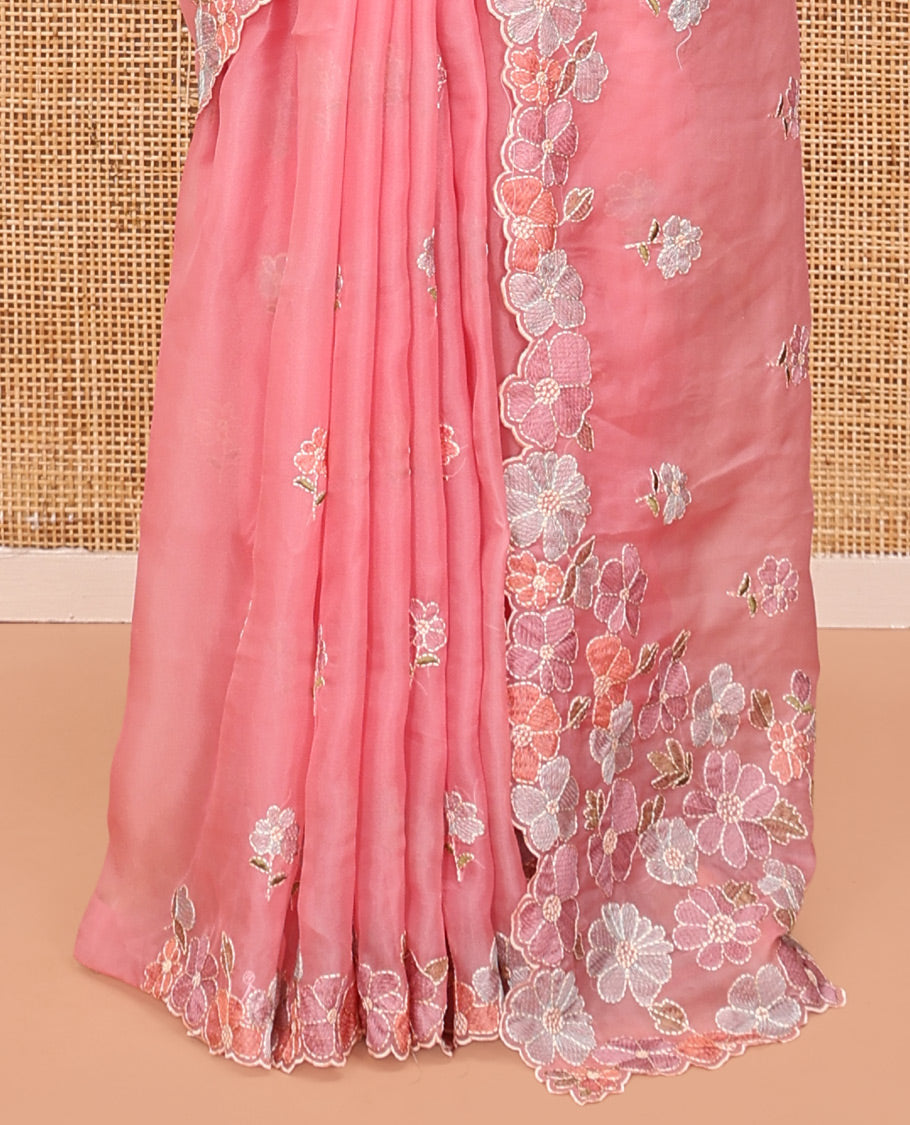 Pink Organza Saree, Impeccably Styled with Flower-Color Thread Embroidery, a Scallop Border, and a Matching Blouse