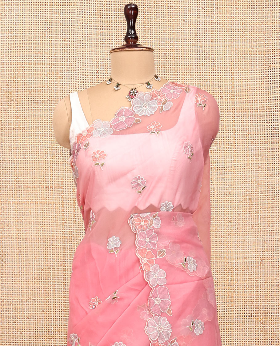 Pink Organza Saree, Impeccably Styled with Flower-Color Thread Embroidery, a Scallop Border, and a Matching Blouse