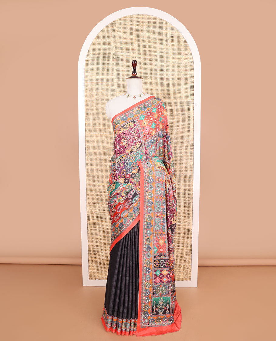 Multi-color printed, mirror work synon silk saree with printed border & printed rich pallu along with plain blouse