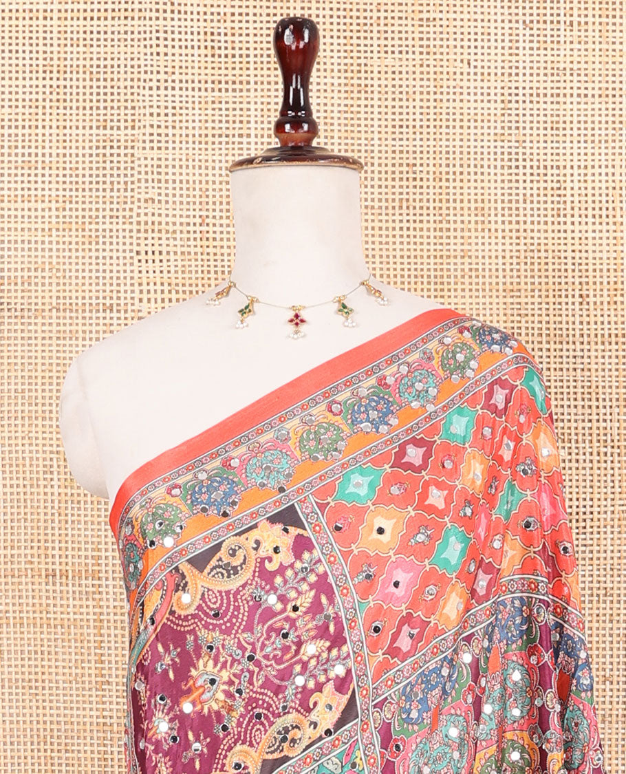 Multi-color printed, mirror work synon silk saree with printed border & printed rich pallu along with plain blouse