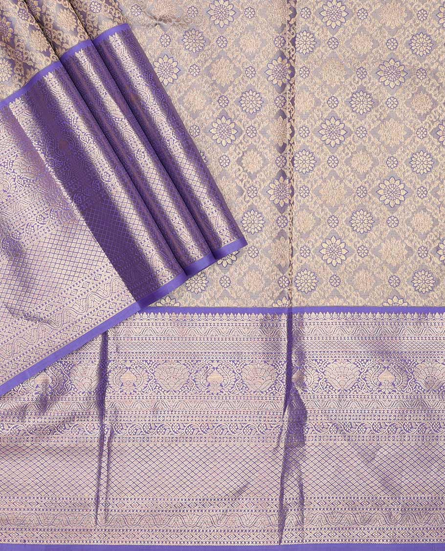 Grey pure silk half-saree, jacquard with contrast traditional zari bordered skirt, contrast zari design blouse, and zari design dhavani