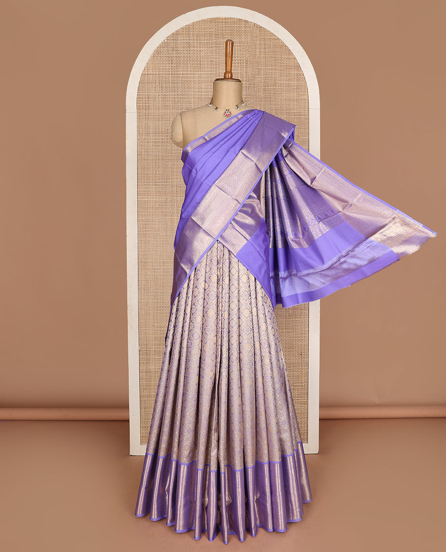 Grey pure silk half-saree, jacquard with contrast traditional zari bordered skirt, contrast zari design blouse, and zari design dhavani