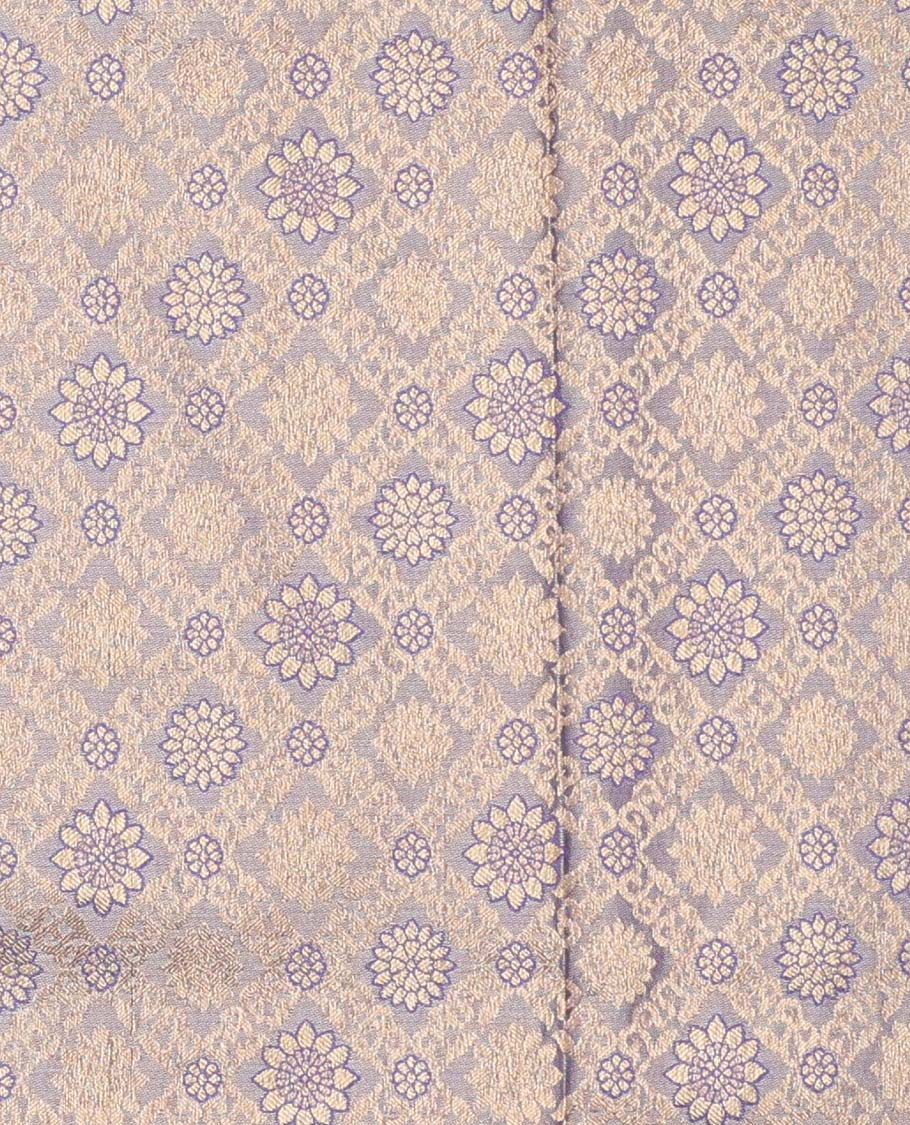 Grey pure silk half-saree, jacquard with contrast traditional zari bordered skirt, contrast zari design blouse, and zari design dhavani