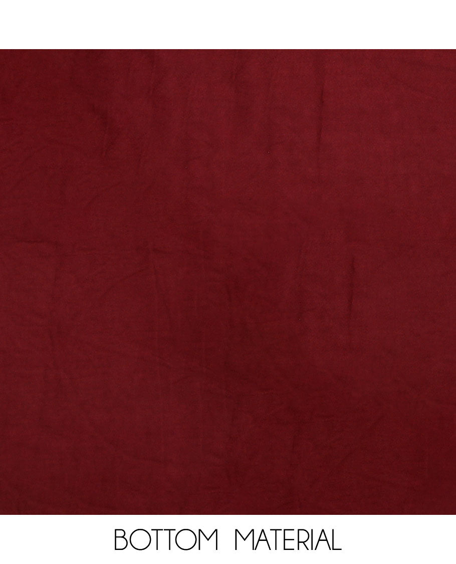 Maroon material chudidar set, floral print with neck embroidered top, plain bottom, and a contrast floral printed dupatta