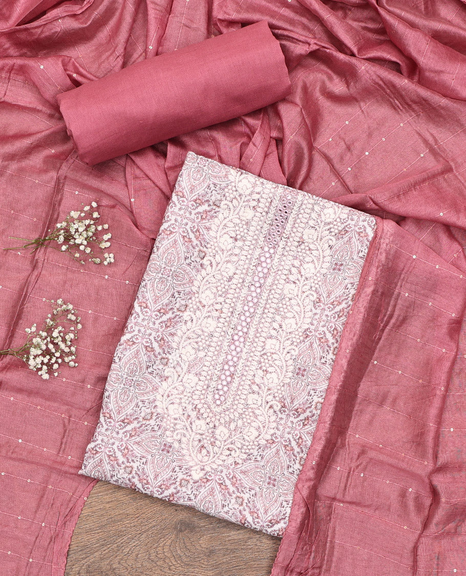 Off-White-Pink Material Chudidar Set, Adorned with Intricate Motifs Print, and Embroidery on Its Jute Cotton Top, a Plain Cotton Bottom, and Paired with Contrast Sequins Striped Chanderi Cotton Dupatta