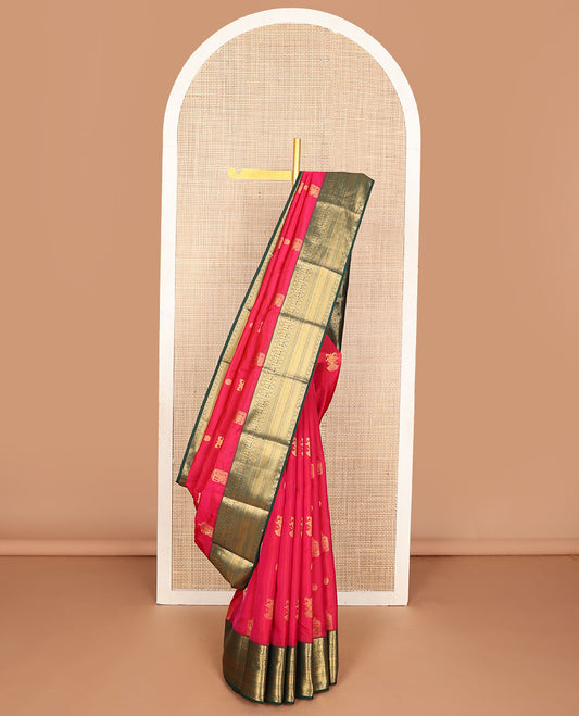 Pink mayil & iruthalai pakshi buttas vasundhara silk mix saree, contrast border of thilakam mokku,banaras,laddu kamalam,mayil,manga mokku,vanki & kuyil kann & jaal pallu