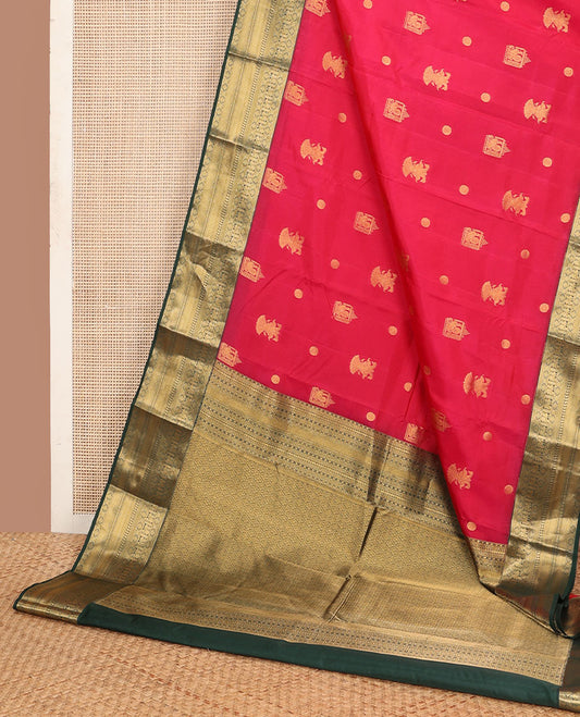 Pink mayil & iruthalai pakshi buttas vasundhara silk mix saree, contrast border of thilakam mokku,banaras,laddu kamalam,mayil,manga mokku,vanki & kuyil kann & jaal pallu