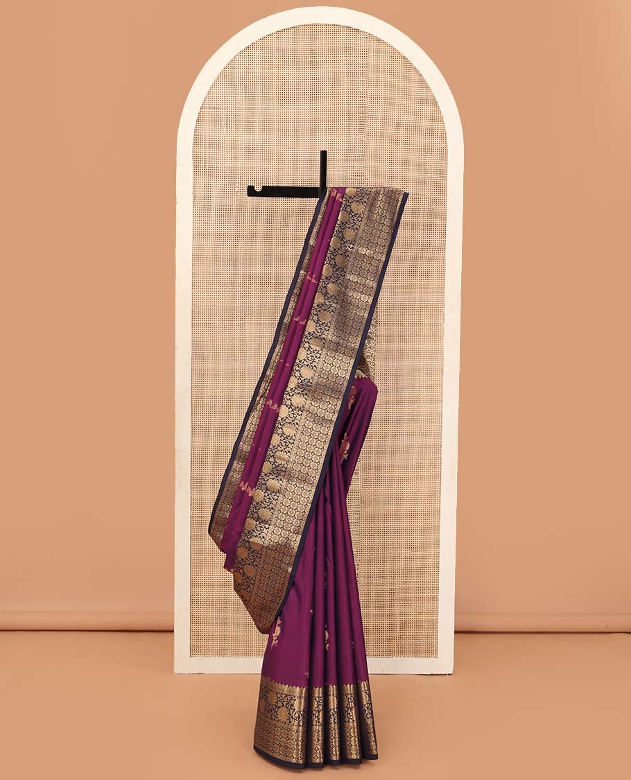 Purple zari buttas Vasundhara silk mix saree, contrast floral, and geometric border, and ogee patterned pallu