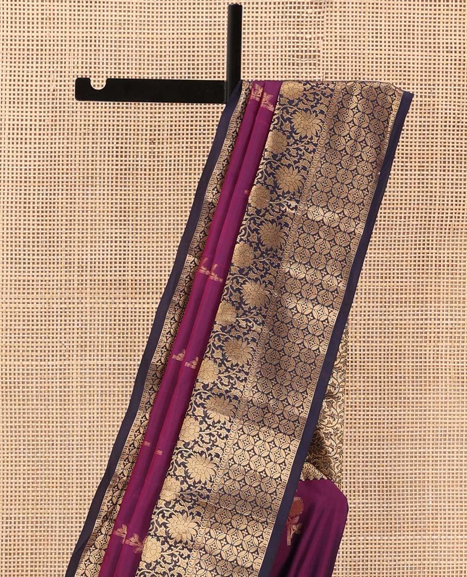 Purple zari buttas Vasundhara silk mix saree, contrast floral, and geometric border, and ogee patterned pallu