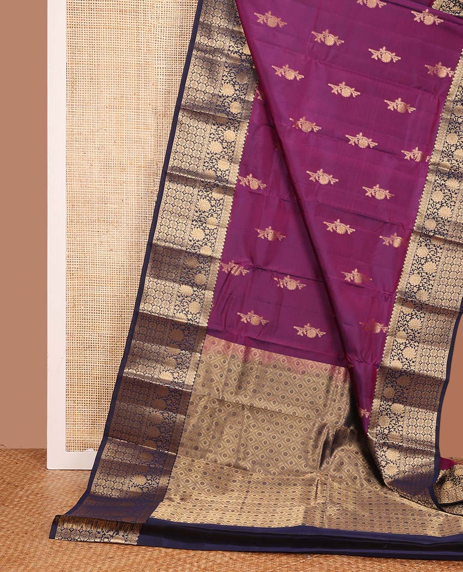 Purple zari buttas Vasundhara silk mix saree, contrast floral, and geometric border, and ogee patterned pallu