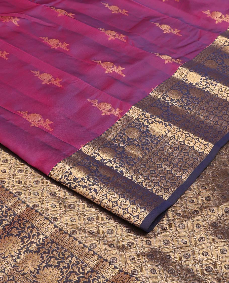 Purple zari buttas Vasundhara silk mix saree, contrast floral, and geometric border, and ogee patterned pallu