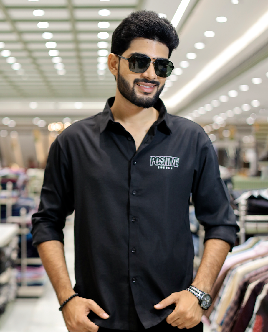 Black Poly-Blended Back Flap Casual Shirt