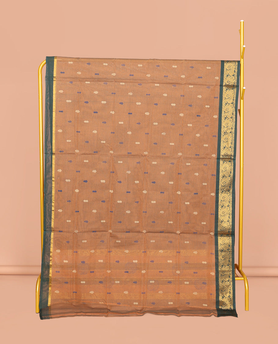 Brown Venkatagiri Cotton Saree, Elevated with Buttas, a Contrast Floral Design Zari Border, Pallu of Buttas and Stripes, and No Blouse