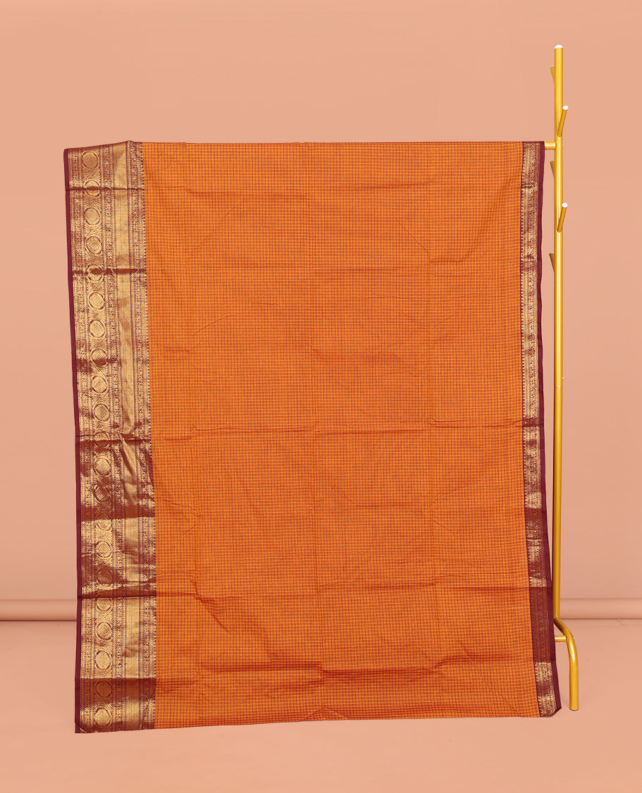 Orange Chettinad Cotton Saree, Woven with Checks, Complemented by Contrast Traditional Zari Border, Striped Pallu, and a Matching Blouse