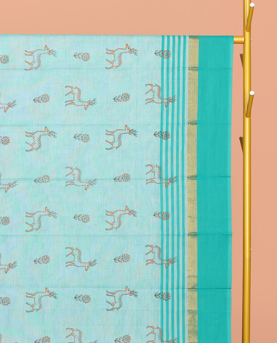 Light Turquoise Chirala Cotton Saree, Ornamented with Floral and Deer Motifs, a Contrast Deer Motifs Border, Striped Pallu, and a Matching Blouse