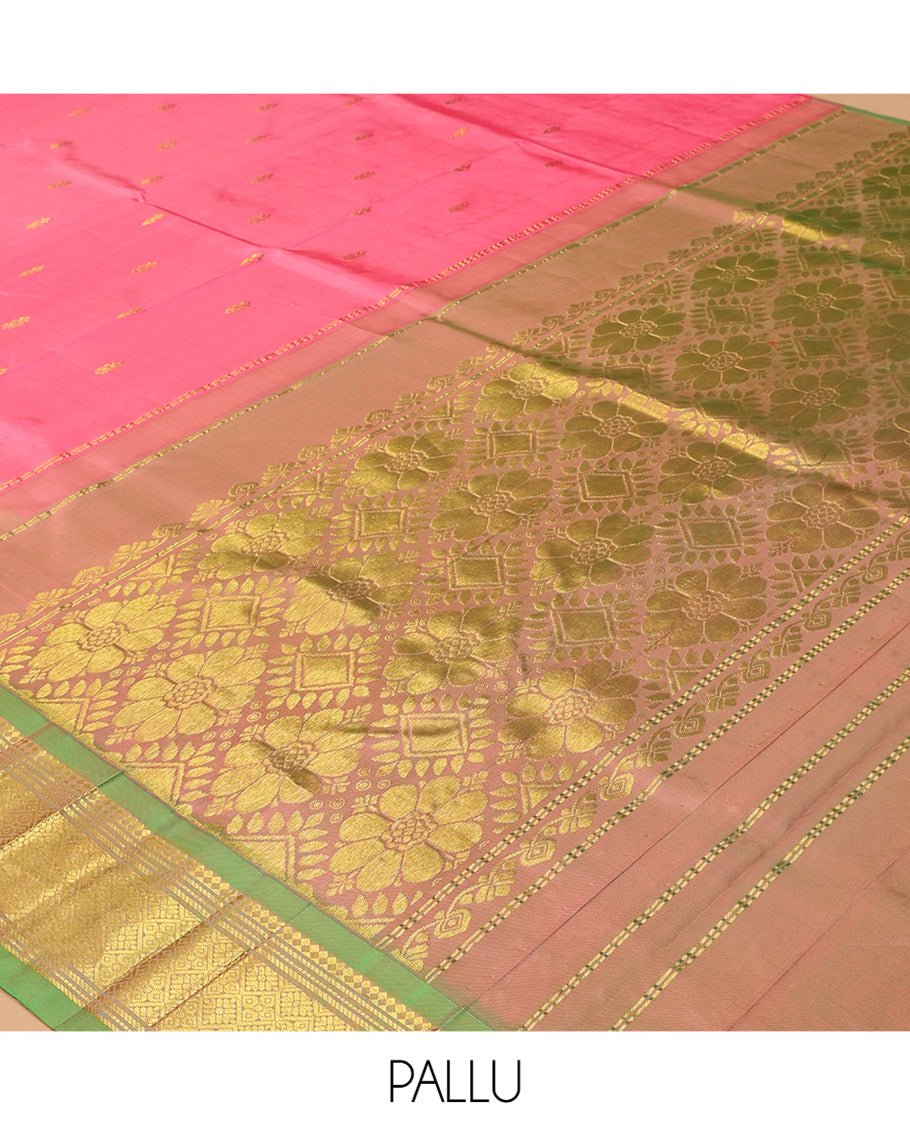 Pink Kanchipuram Silk Saree, Decorated with Zari Buttas, Complemented by a Contrast Border of Panner Sombu, Banaras, Muthu, and Jaal Design, Grand Pallu, and No Blouse