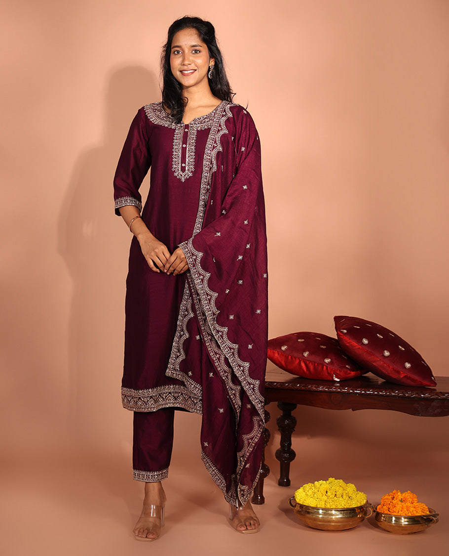 Burgundy Vichitra Silk Readymade Suit
