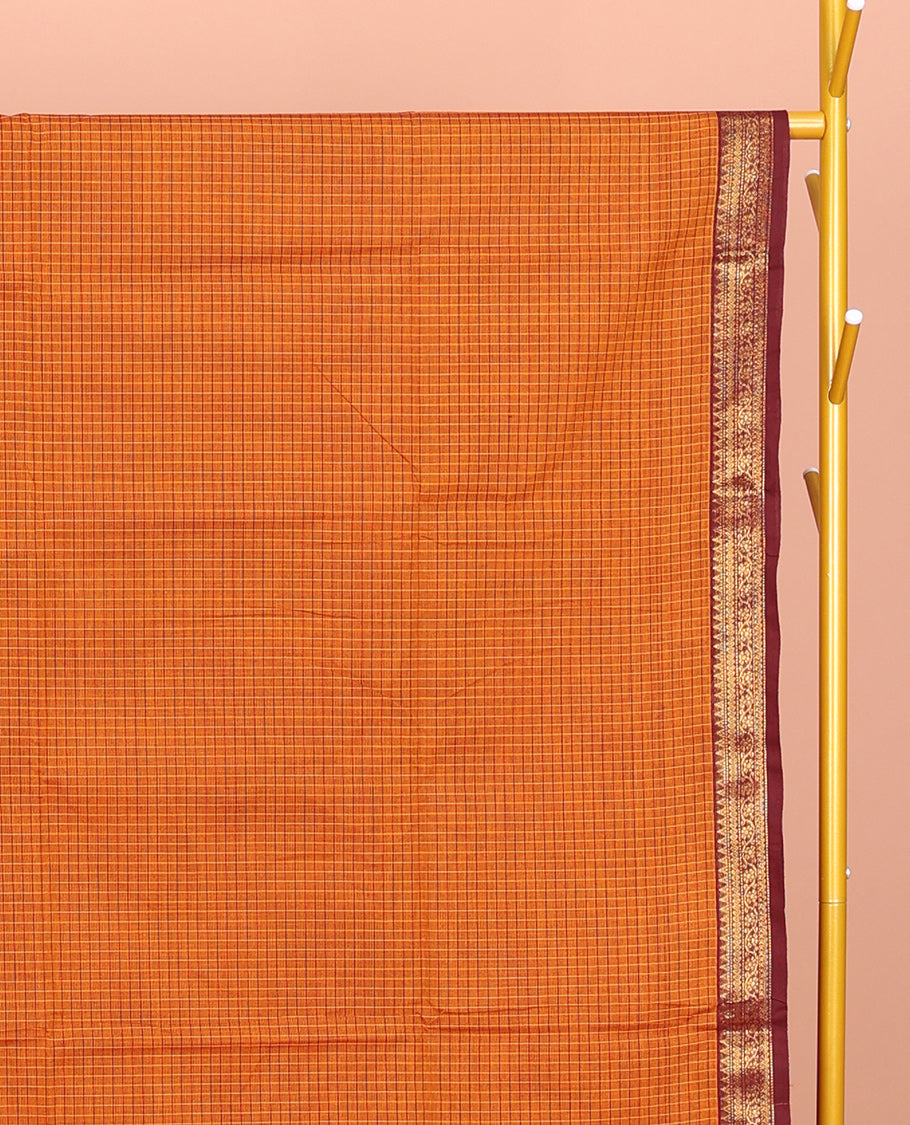 Orange Chettinad Cotton Saree, Woven with Checks, Complemented by Contrast Traditional Zari Border, Striped Pallu, and a Matching Blouse