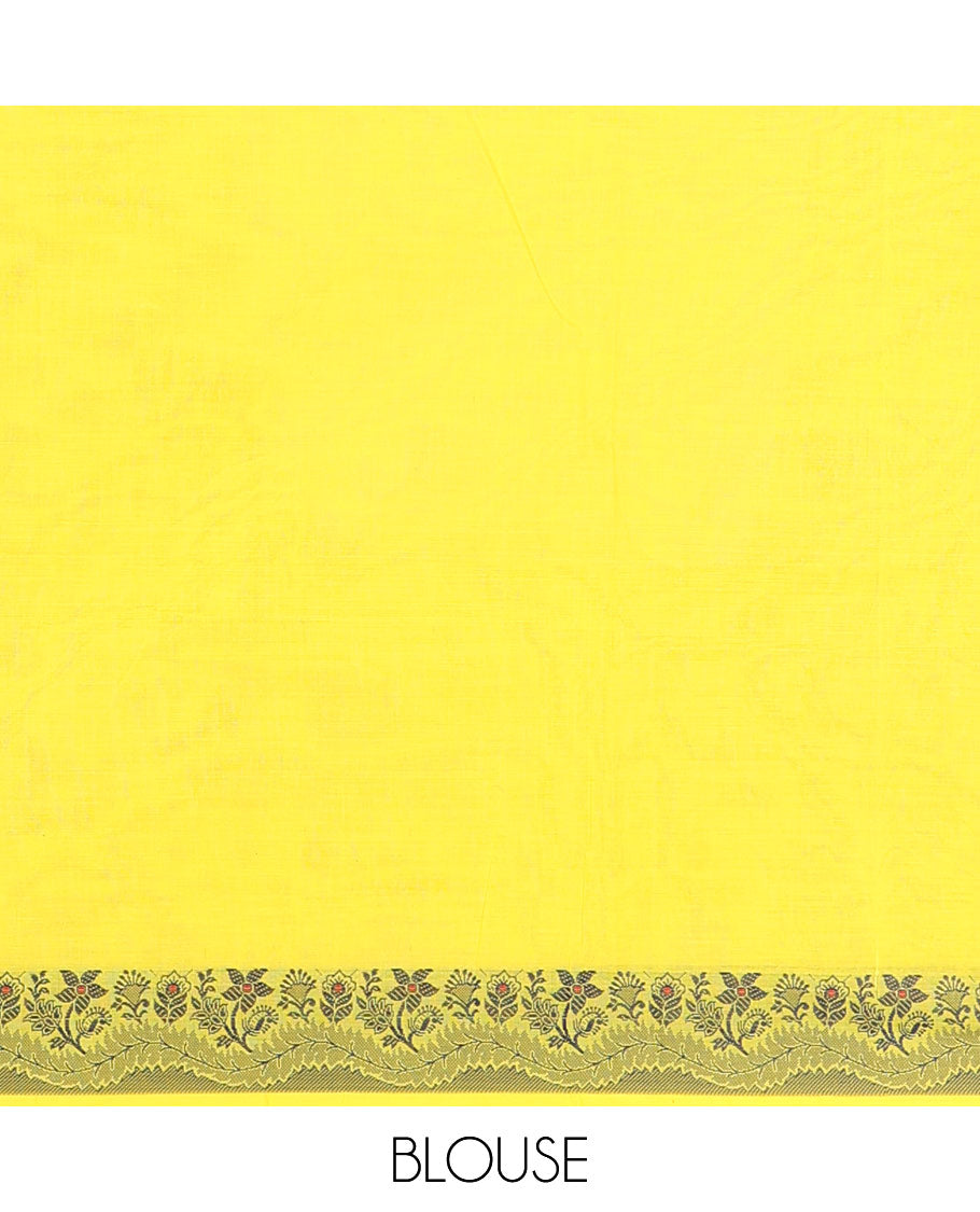 Yellow Plain Chettinad Cotton Saree, Subtle Self-Border of Floral Thread Design Weave, Subtly Striped Pallu, and Paired with a Matching Blouse