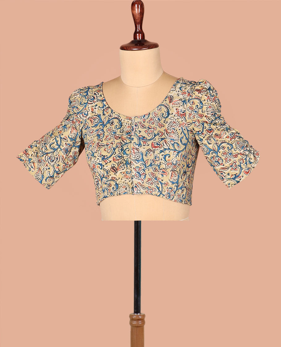 Pale Chikku Readymade Blouse Beautifully Bedecked with Floral Vine Print, Featuring Front Round Neck, Back Round Neck, and Puff Sleeves