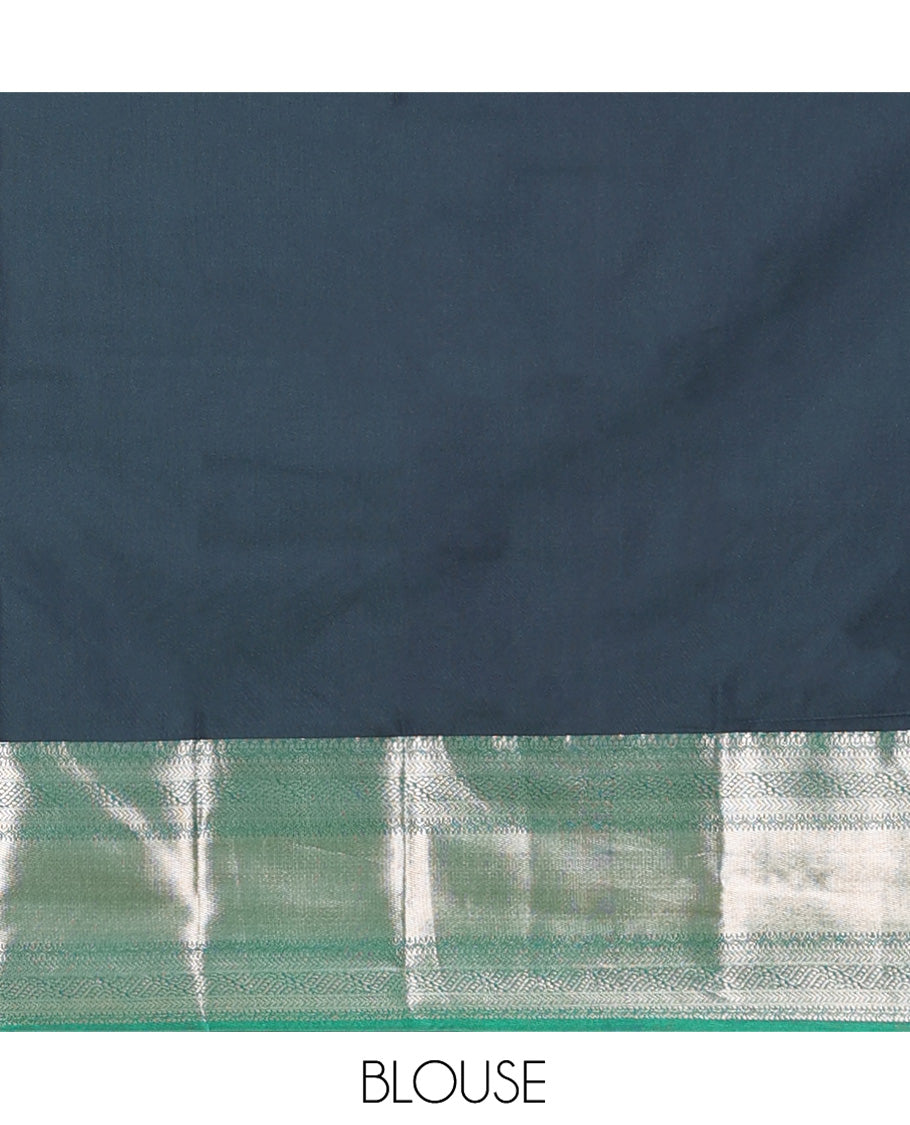 Green Budget Silk Saree, Gracefully Embellished with Zari Buttas All Over Its Body, Complemented by a Contrast Traditional Zari Design Border, Chevron Striped Pallu, and Paired with a Contrast Blouse