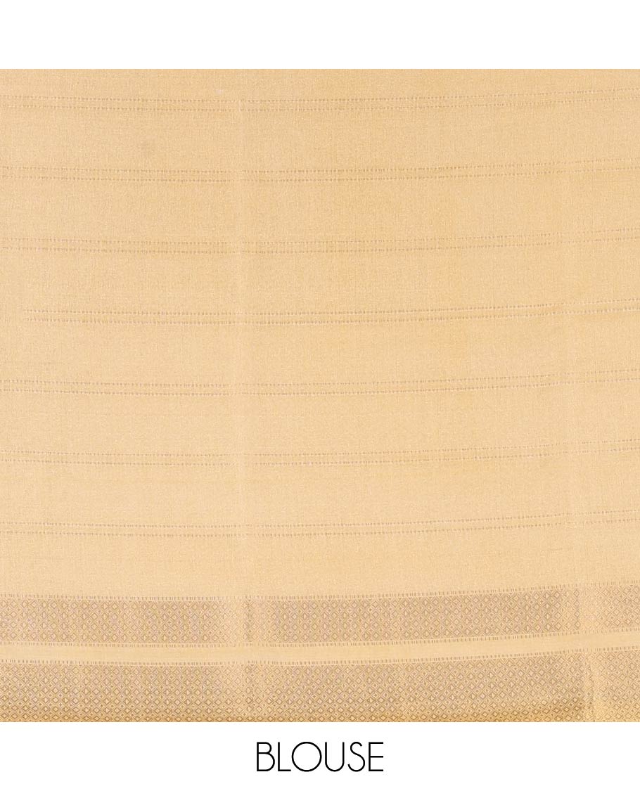 Brown Milan Moss Chiffon Saree, Subtly Sparkled with Stripes on Its Body, Complemented by a Contrast Geometric-Patterned Zari Border, Pallu of Stripes and Temple Designs, and Paired with a Contrast Blouse