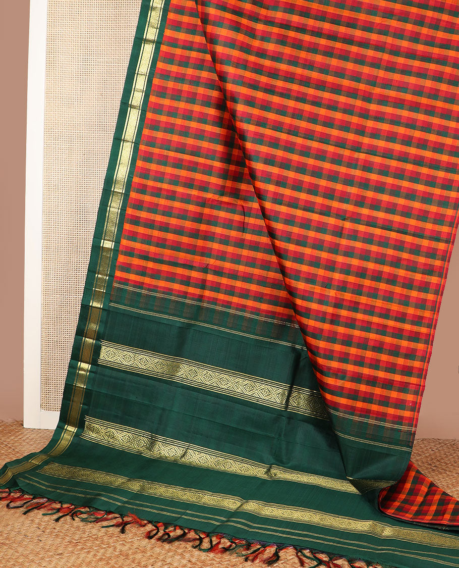 Multi-color checked kanchipuram silksaree, contrast one-sided korvai border of banaras & jaal & zari design pallu