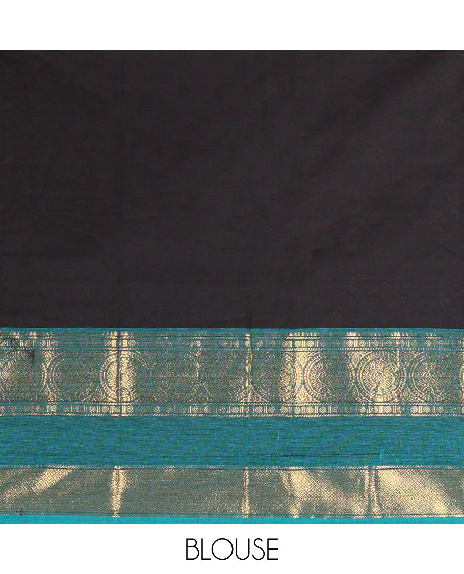 Black Plain Chettinad Cotton Saree, Complemented by Contrast Traditional Zari Rettai Pettu Border of Round Peacock Designs, Gleaming Pallu of Stripes, and Paired with a Matching Blouse