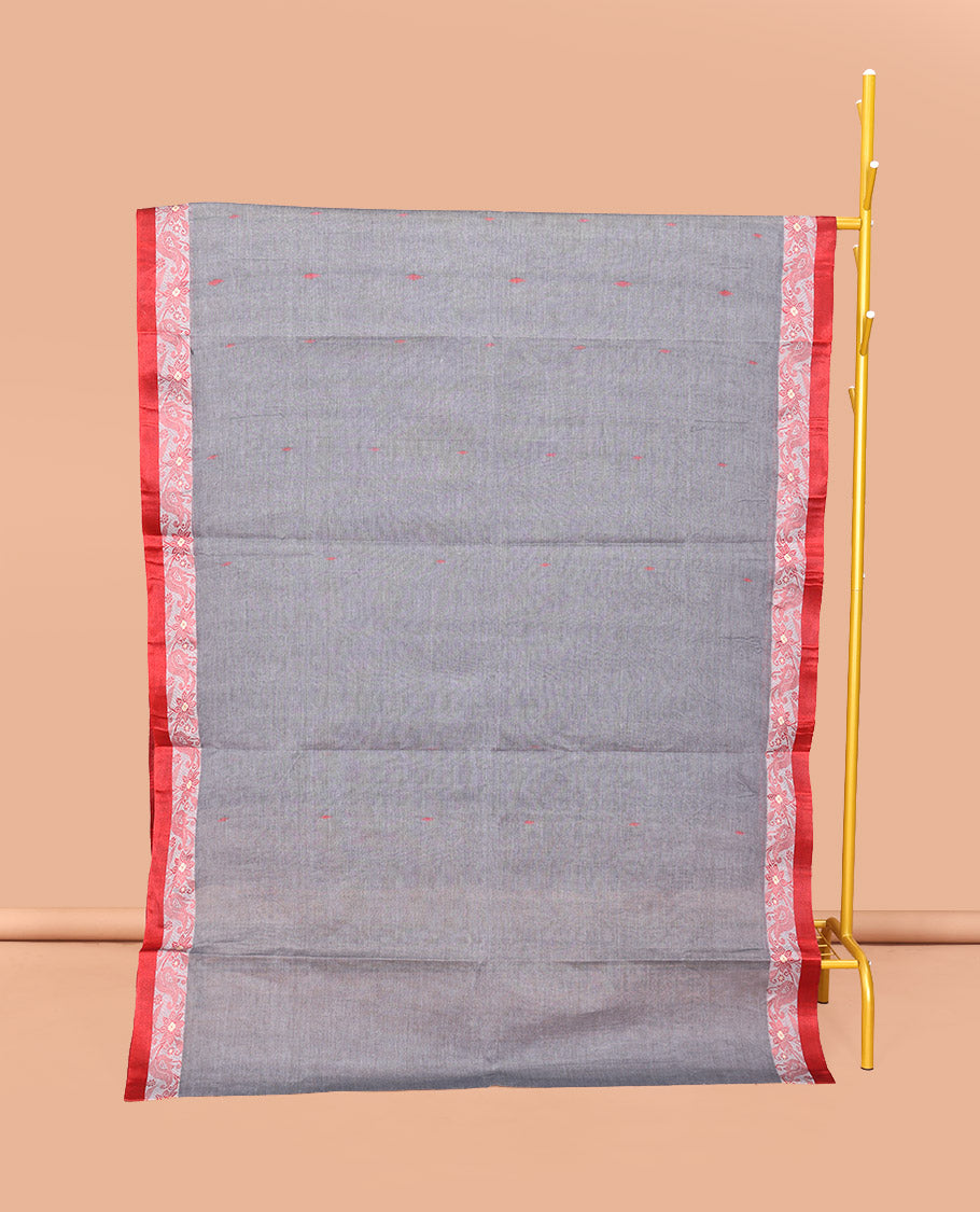 Grey Bengal Cotton Saree, Steeped with Buttas, a Contrast Floral Border, Pallu of Stripes and Buttas, and a Matching Blouse
