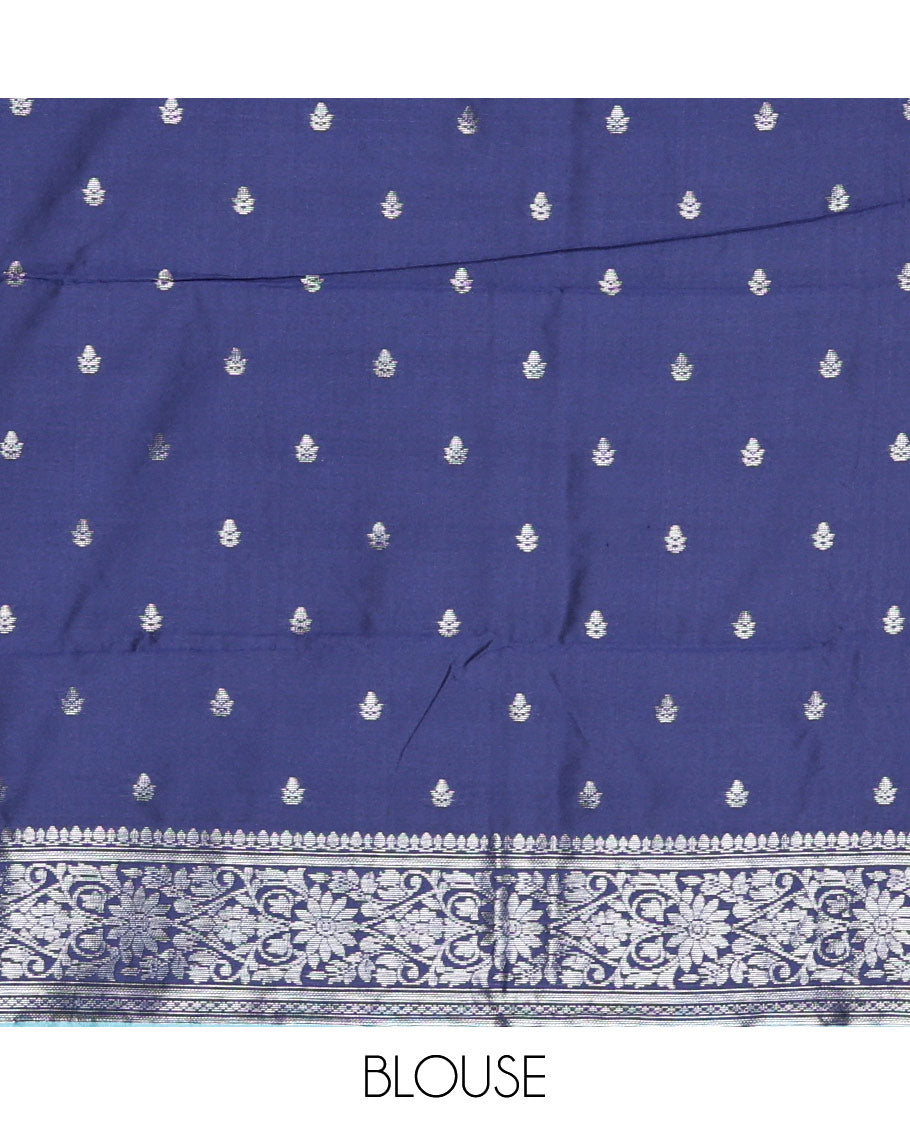 Blue Kanchi Silk Saree, Adorned with Zari Buttas All Over Its Body, Complemented by a Contrast Border of Unique Buttas, Pallu Grandly Woven with Intricate Designs, and Paired with a Contrast Blouse