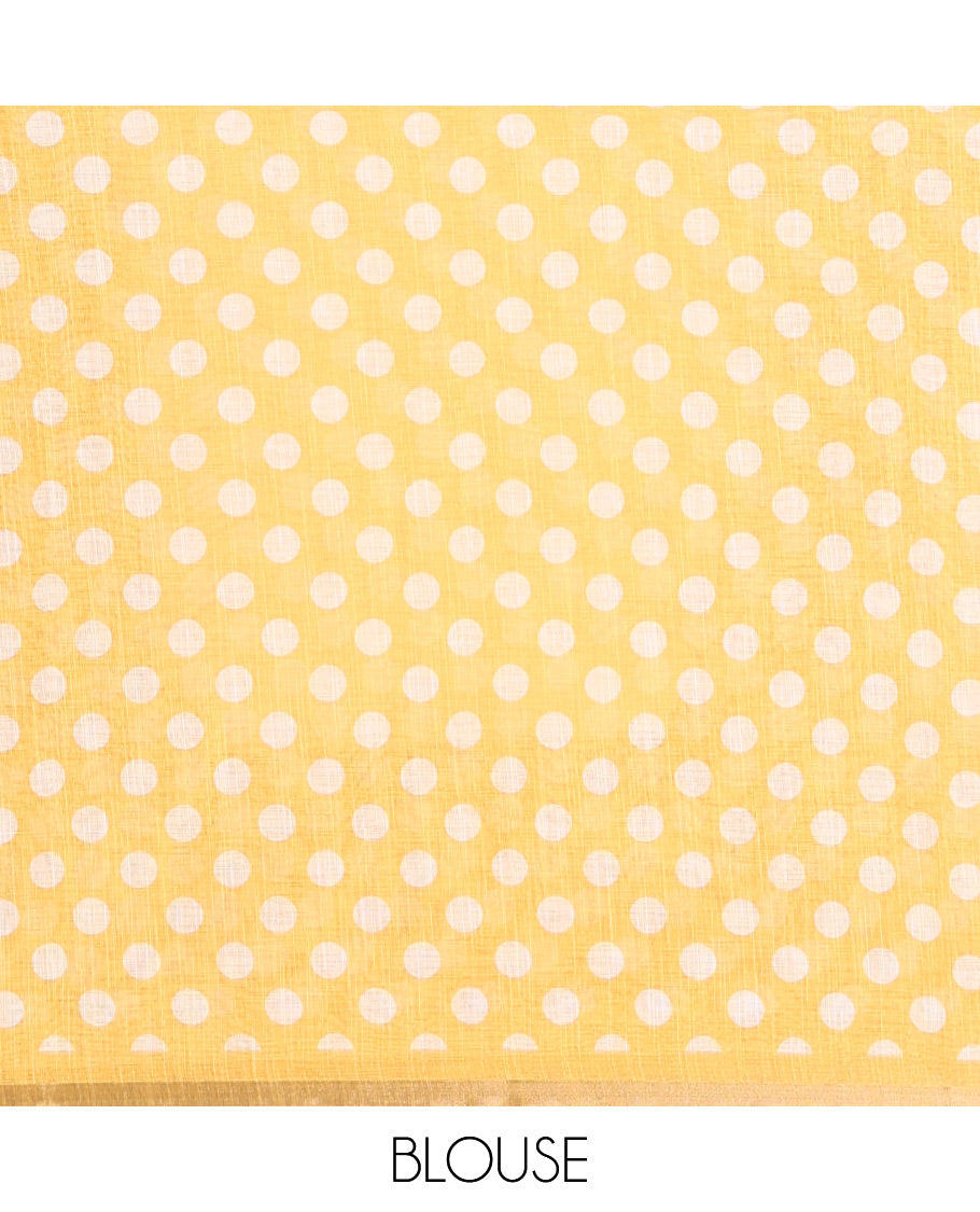 White-Yellow Linen Cotton Saree, Steeped with Polka Dot Enclosed Crane Motifs on Its Body, Subtle Piping Border, Pallu Pictures Polka Dot Enclosed Crane Motifs, and Paired with a Matching Blouse