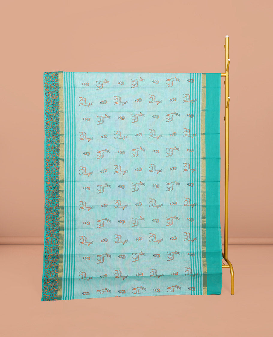 Light Turquoise Chirala Cotton Saree, Ornamented with Floral and Deer Motifs, a Contrast Deer Motifs Border, Striped Pallu, and a Matching Blouse