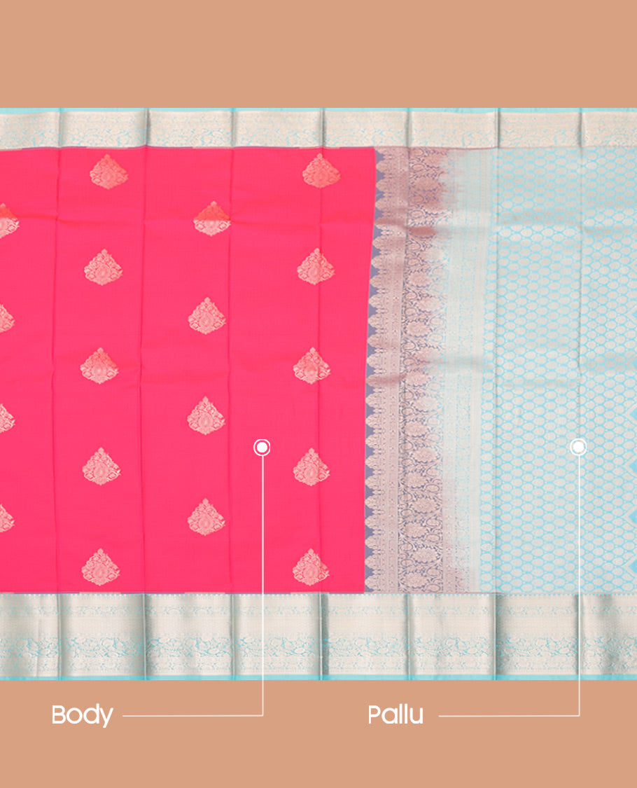 Pink Budget Silk Saree, Gleamed Up with Zari Buttas, Complemented by Contrast Traditional Zari Border, a Grand Pallu and a Contrast Blouse