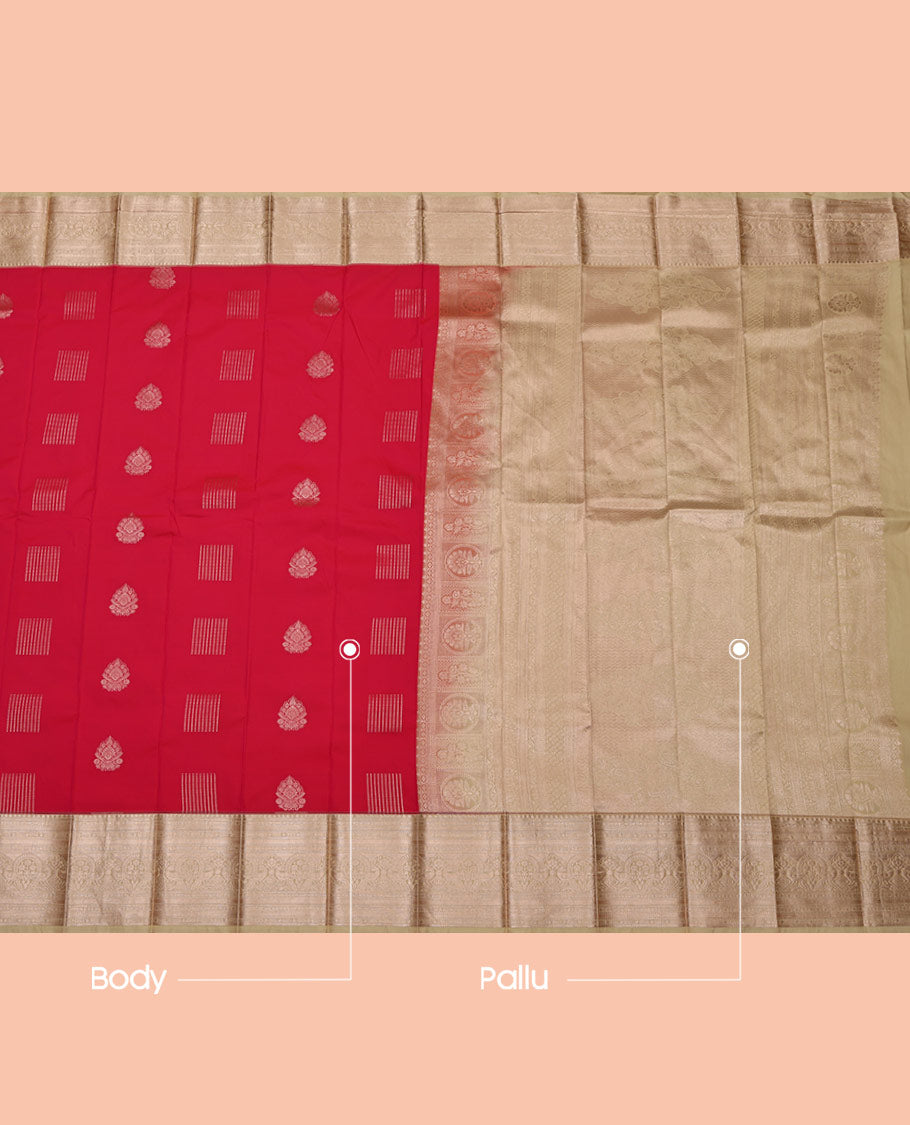 Red Budget Silk Saree, Beautified with Zari Buttas All Over Its Body, Complemented by a Contrast Traditional Zari Design Border, Sparsely Woven Pallu, and Paired with a Contrast Blouse