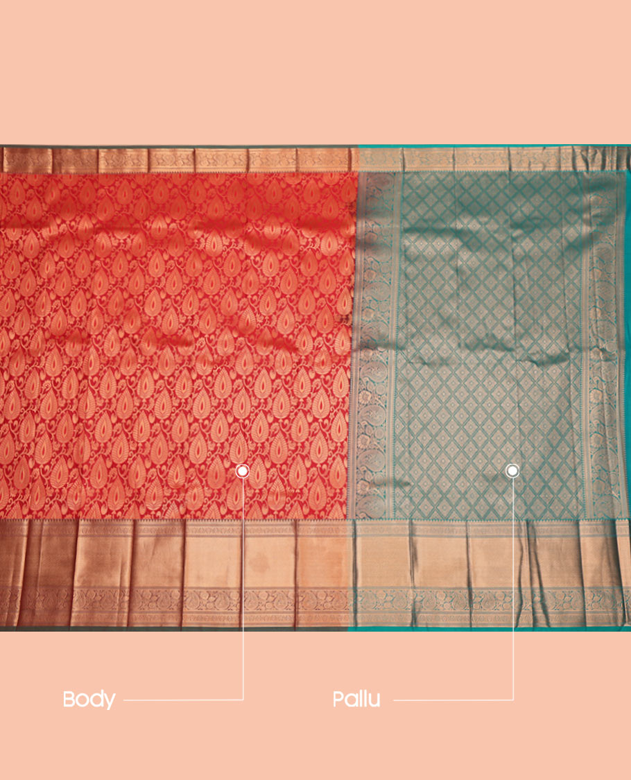 Red Budget Silk Saree Masterfully Woven with Jacquard Design, Complemented by a Contrast Traditional Zari Border, Jaal Pallu, and Contrast Blouse