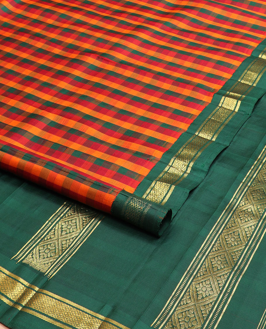 Multi-color checked kanchipuram silksaree, contrast one-sided korvai border of banaras & jaal & zari design pallu