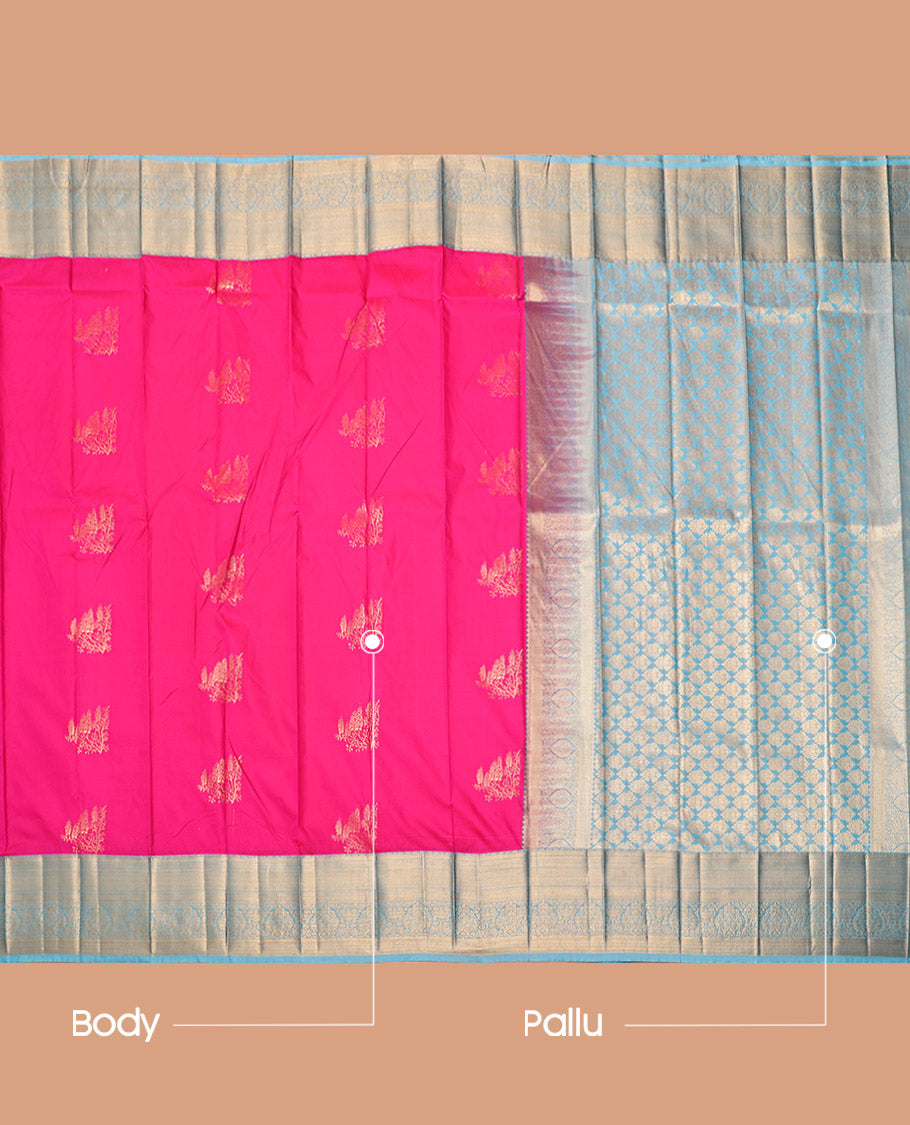 Rani Pink Budget Silk Saree, Detailed with Zari Buttas, Complemented by a Contrast Traditional Zari Border, Intricate Pallu, and a Contrast Blouse