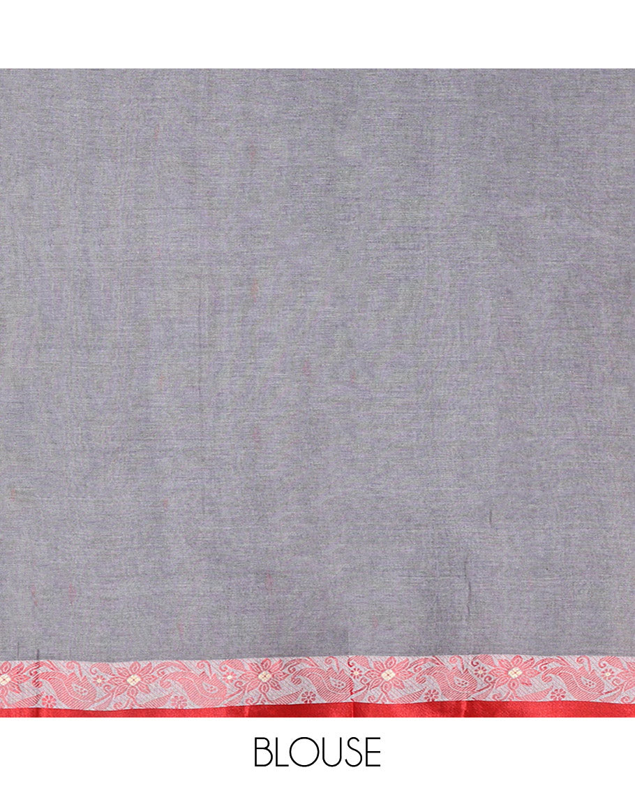 Grey Bengal Cotton Saree, Steeped with Buttas, a Contrast Floral Border, Pallu of Stripes and Buttas, and a Matching Blouse