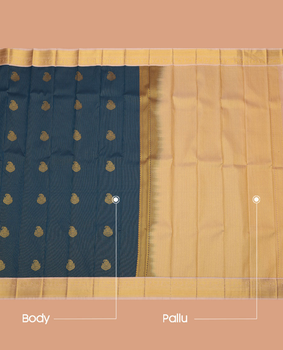 Blue Budget Silk Saree, Charmingly Accented with Stripes and Paisley Buttas on Its Body, Complemented by a Contrast Traditional Zari Design Border of Peacocks, Pallu of Jaal Designs, and Paired with a Contrast Blouse