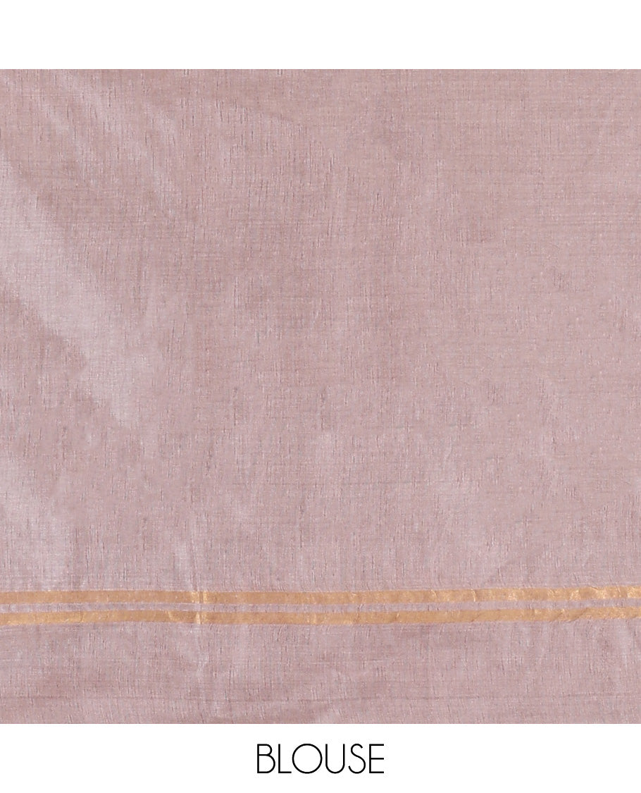 Brown Tussar Saree, Bedecked with Floral Buttas, Complemented by a Contrast Border, Floral Vine Pallu, and a Contrast Blouse