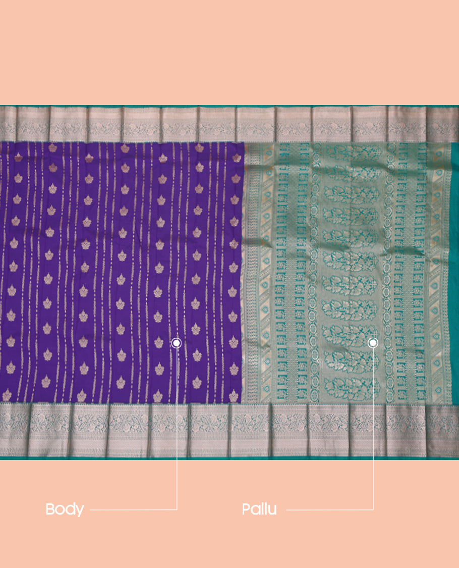 Violet Budget Silk Saree, Detailed with Zari Designs, Complemented by a Contrast Traditional Zari Border, Floral Pallu, and a Contrast Blouse