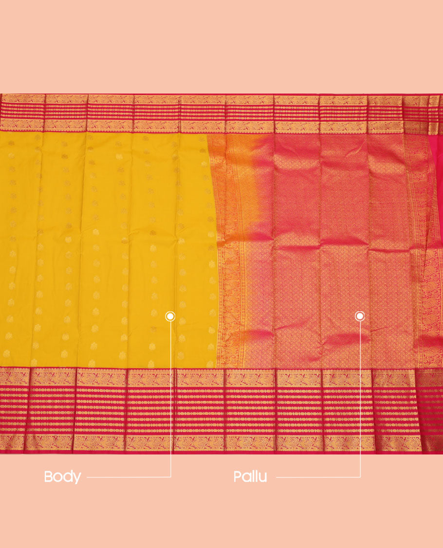 Yellow Budget Silk Saree, Sparsely Woven with Zari Buttas, Contrast Traditional Zari Border, Grand Pallu, and a Contrast Blouse